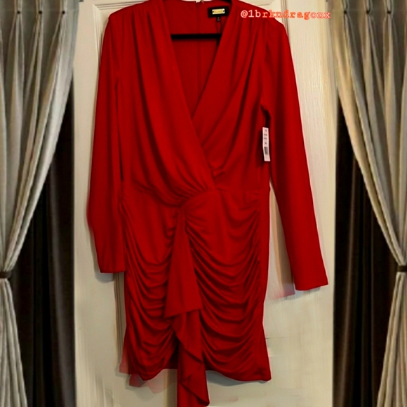NWT Rose Red Ruched Long Sleeve Dress Red Mini Cocktail Party Evening Ruffle - Picture 2 of 15